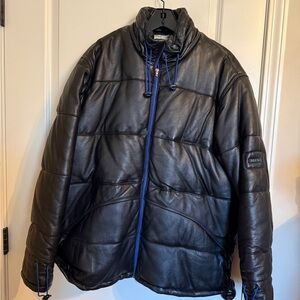 Men's Black Leather Puffer Jacket with Blue Accents
